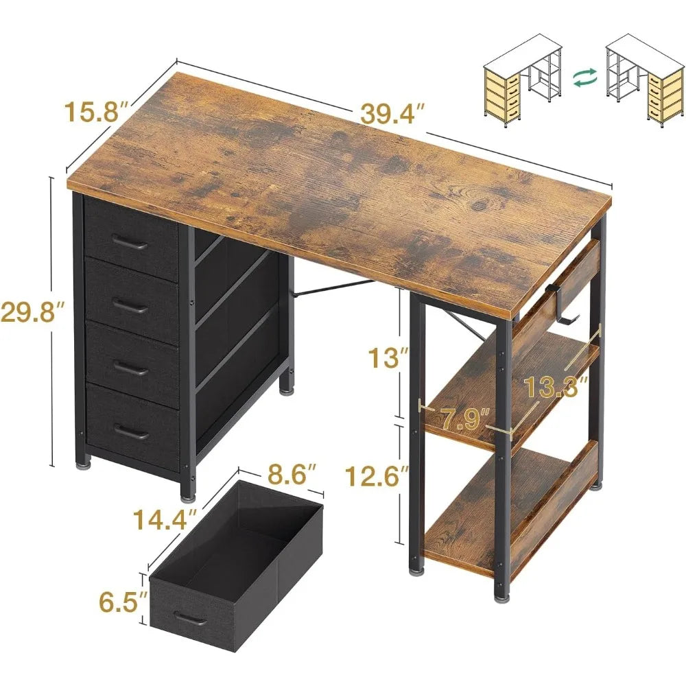 40 Inch Compact Computer Desk with 4 Fabric Drawers, for Small Spaces.