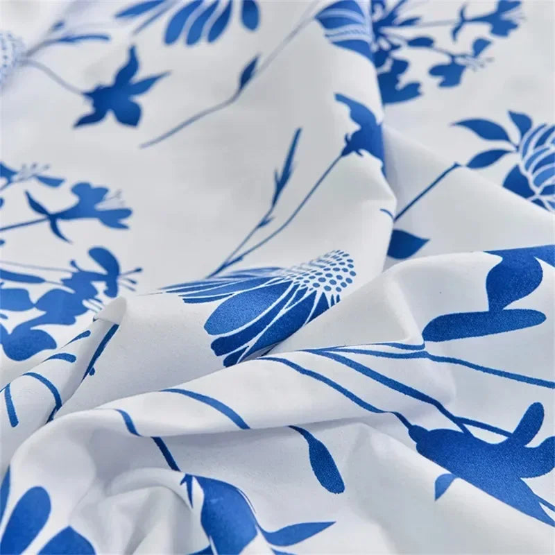 Twin Fitted Bed Sheet with Elastic Blue Flower Printed Bed Cover Single/Queen/King.