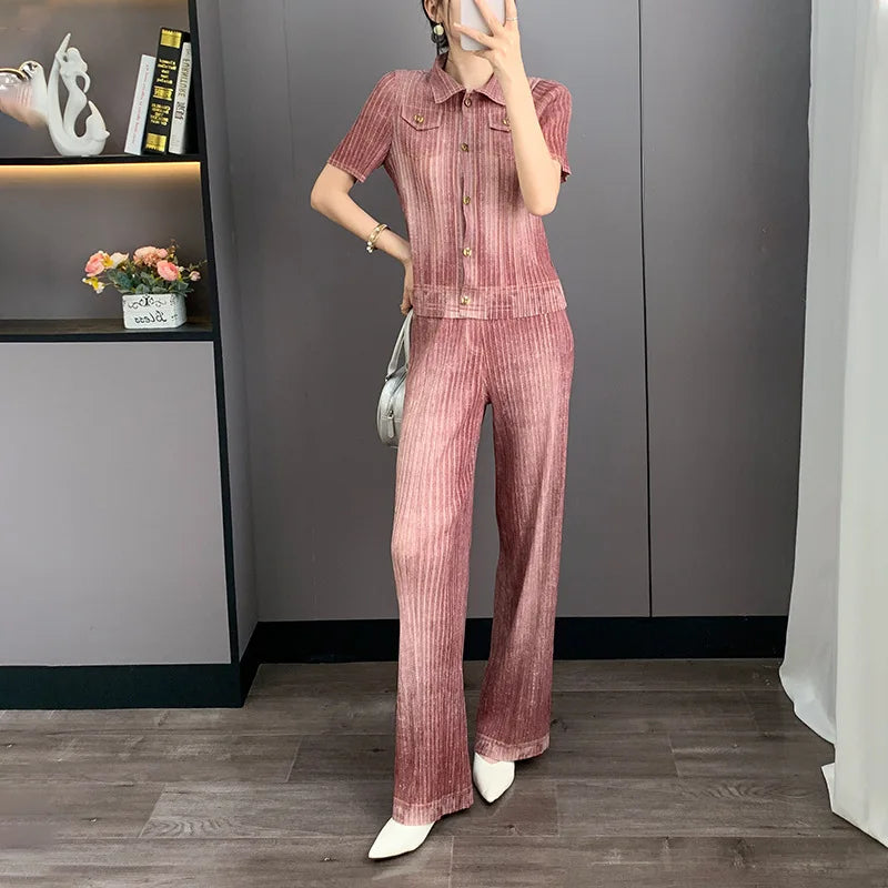 Denim Print Pleated Women's Two Pieces Set