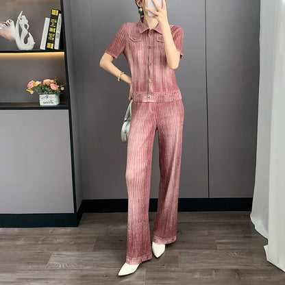 Denim Print Pleated Women's Two Pieces Set