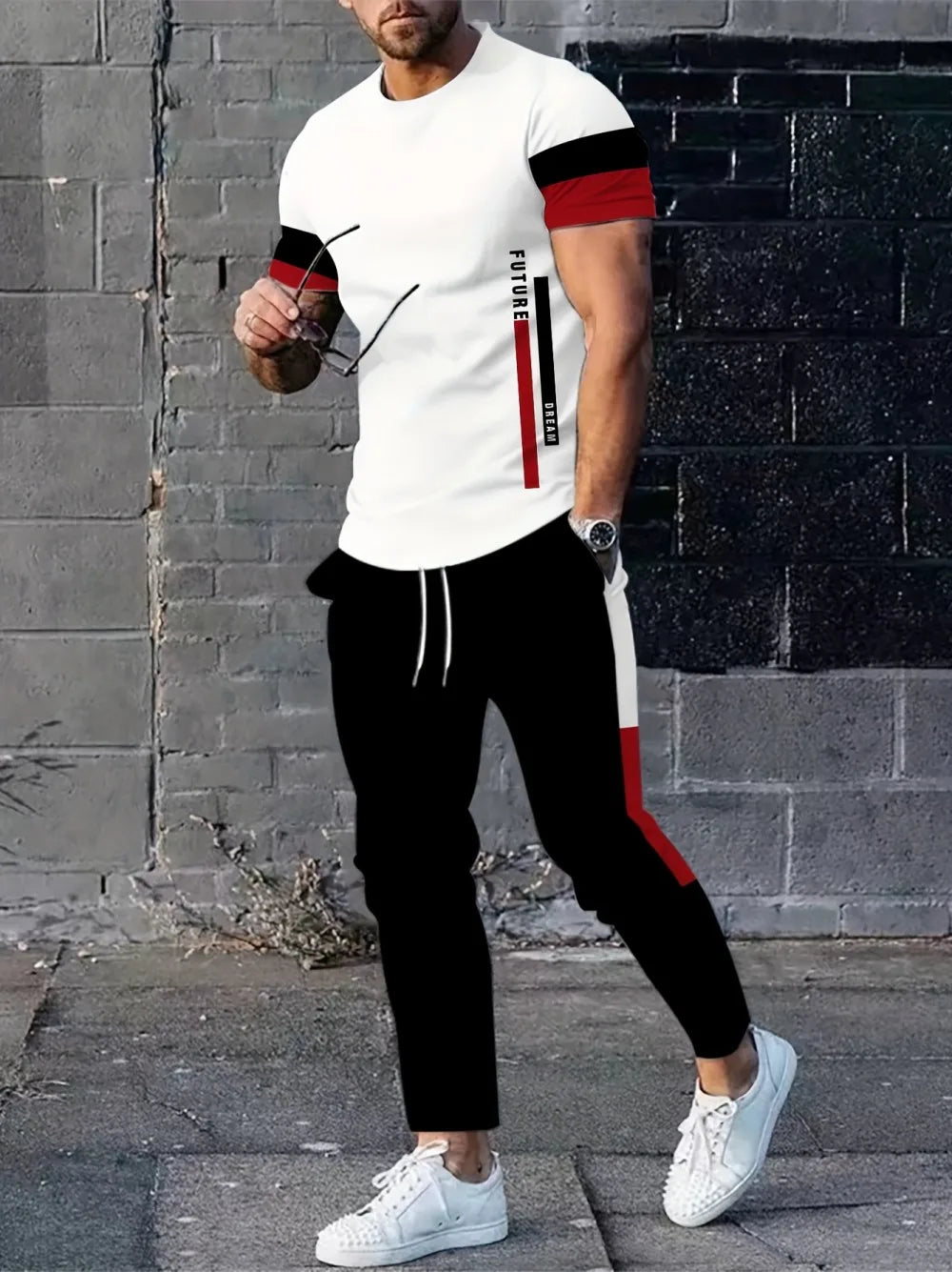 Men's summer new striped letter print round neck T-shirt pants set.