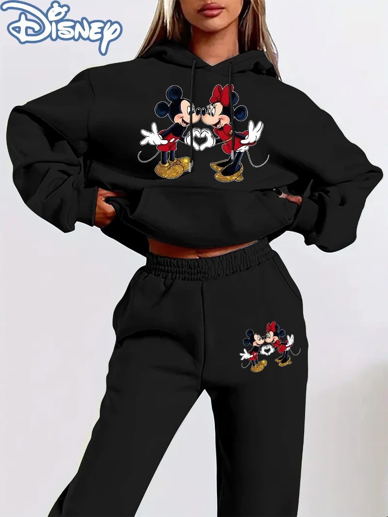 Women Mickey & Minnie Mouse Print Hoodie- Cozy Pullover with Drawstring Waist, Casual Fall/Winter.