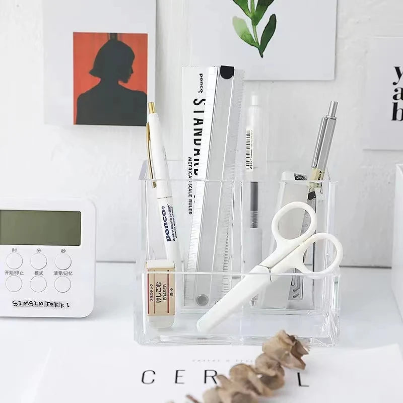 Large-Capacity Transparent Desktop Stationery Organizer, with Independent Compartments.
