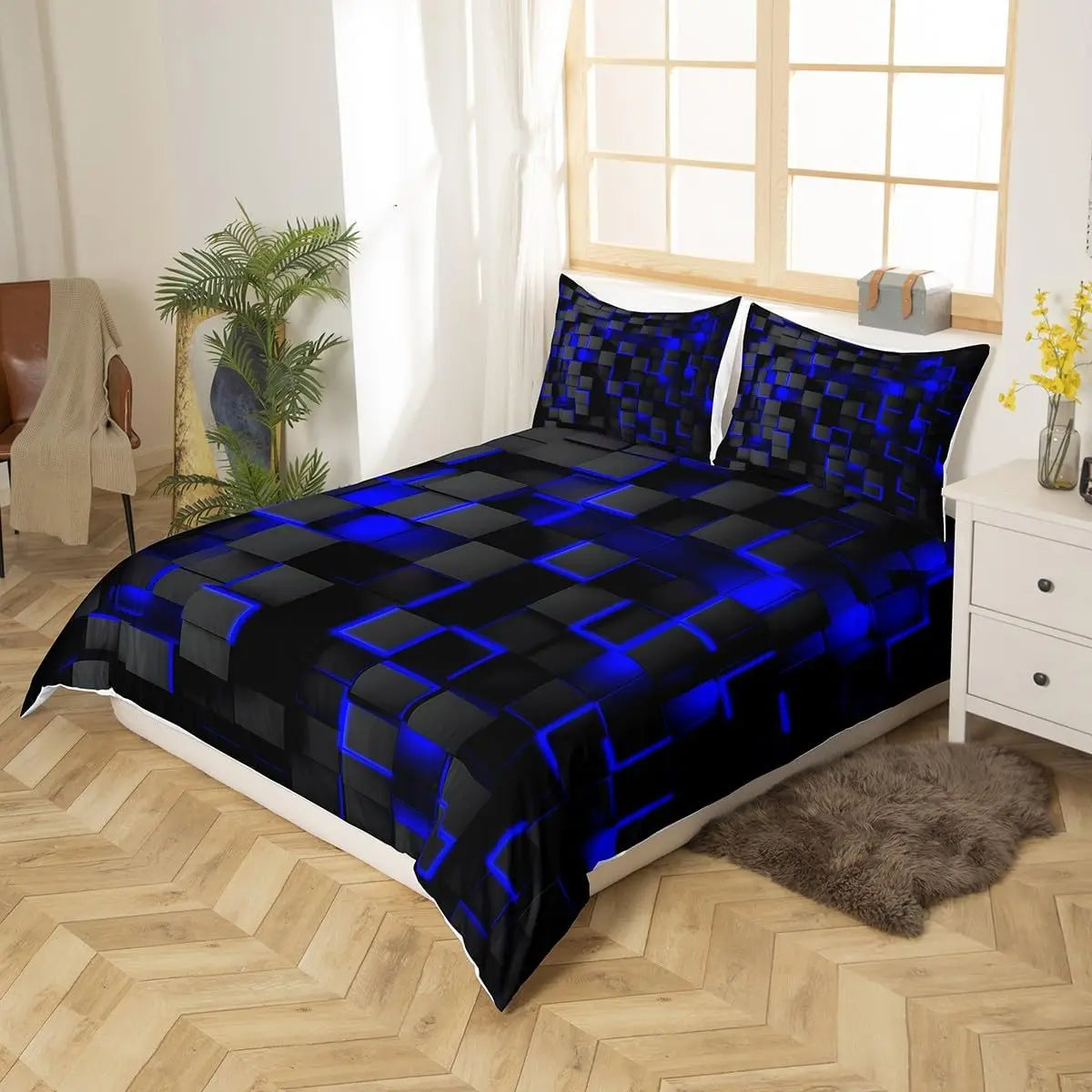 Blue and Black Bedding Duvet Cover Set, Geometric Set for Kids Comforter Cover Set