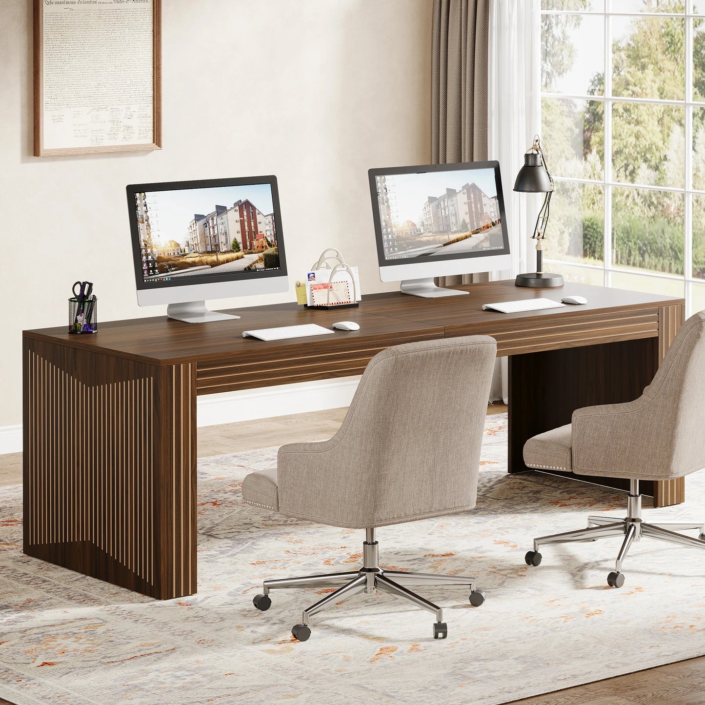 79-Inch Extra Long Desk, Two Person Double Desk for Home Office, Wooden Long Computer Desk.