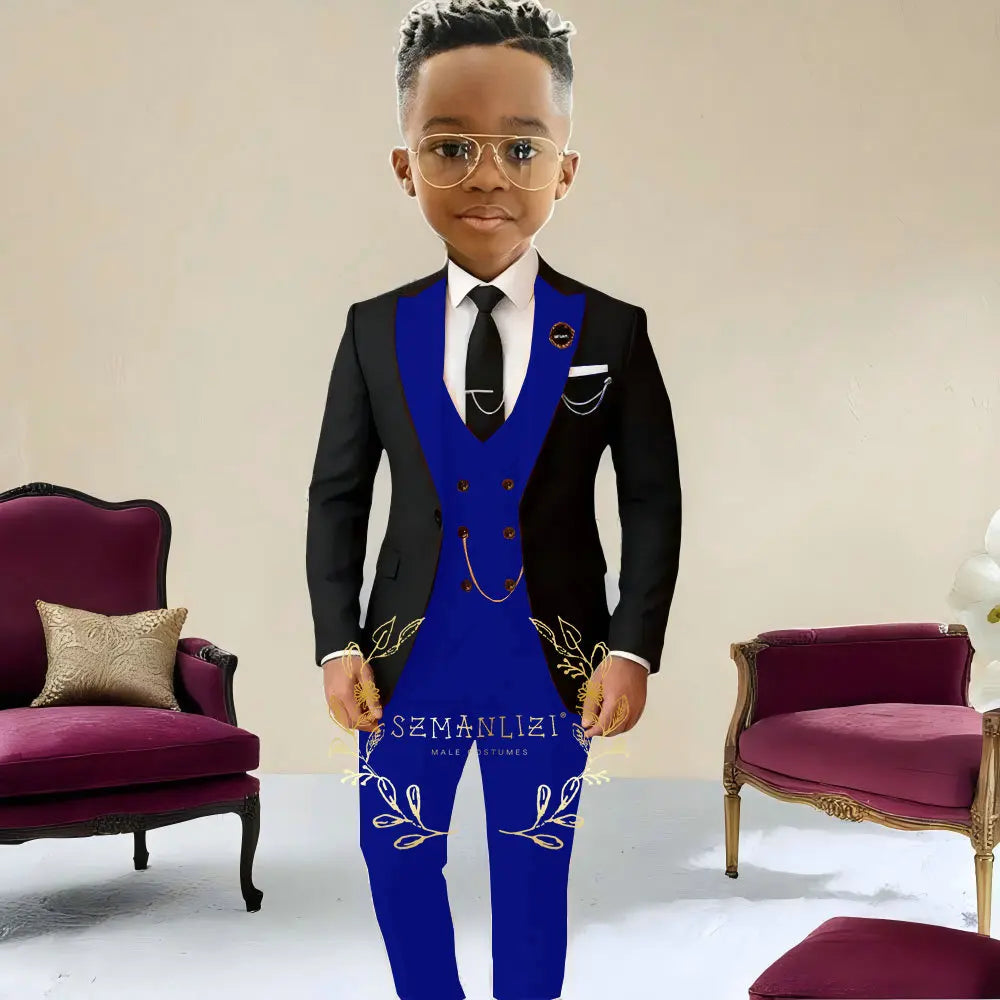 Boys Suit , Tuxedo Black Jacket, Beige Pants ,Vest 3 Pieces Set Kids 2-16 Years Old.