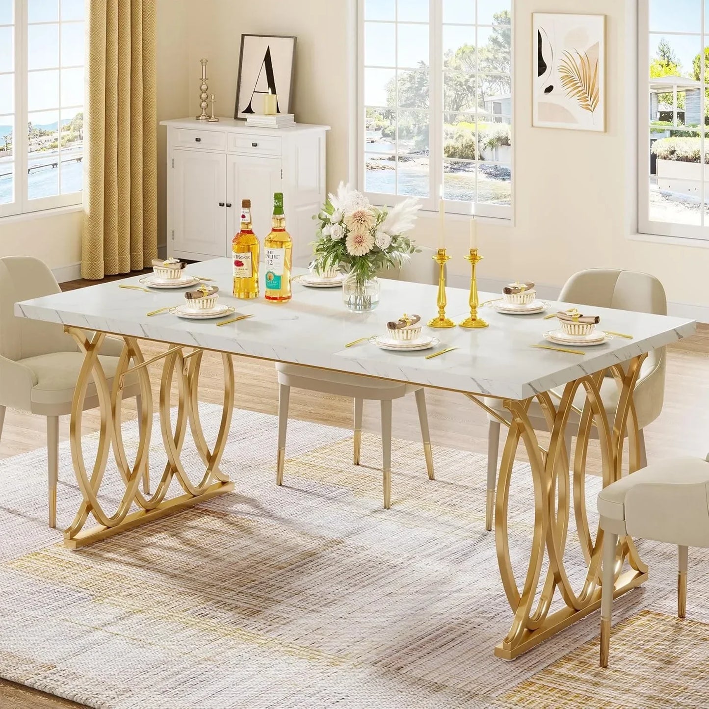 Modern Dining Table, 63" Large Kitchen Table for 4-6 People, Unique Rectangular Dinner Table.