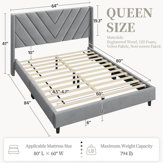 Queen Bed Frame Upholstered Platform Wooden Slat Support with Wing Side