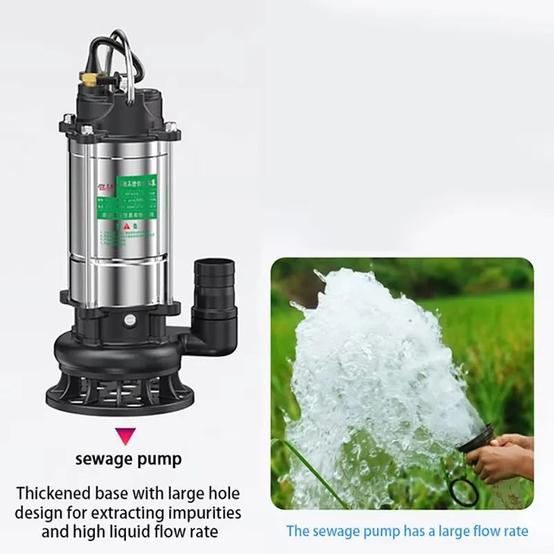 220V Submersible Pump Agricultural Pumping, Garden Tools, Drainage, Irrigation, Self-priming Sewage Pump Stainless Steel.