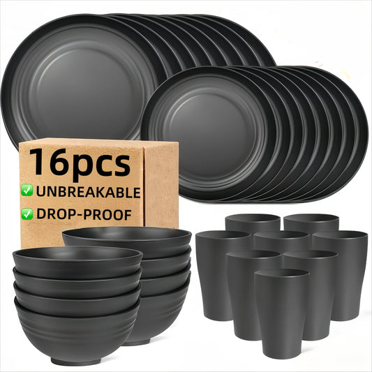 16-PC Unbreakable Plastic Dinnerware Set | Microwave & Dishwasher Safe, Plates Bowls Cups