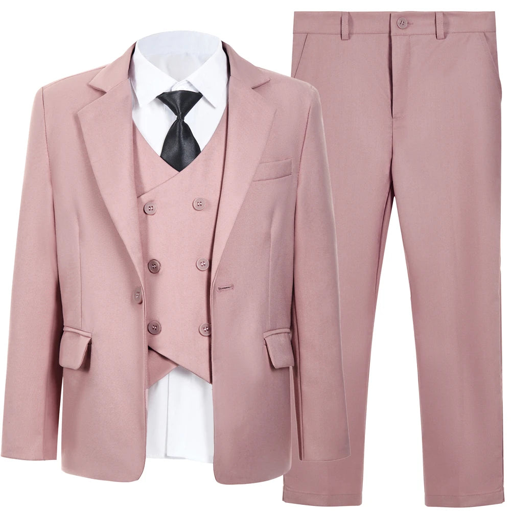 High Quality Kids Suit Set, 4-Piece Slim Fitting  Jacket, Pants, Vest, Bowtie, One Button Communion Kids Suits.