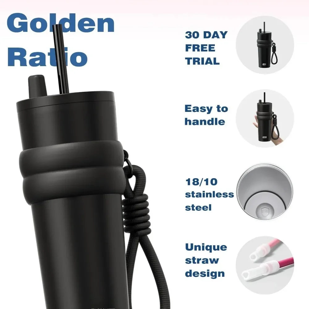 700ml/23oz Stainless Steel Travel Thermos - Leak-Proof Lid with Straw