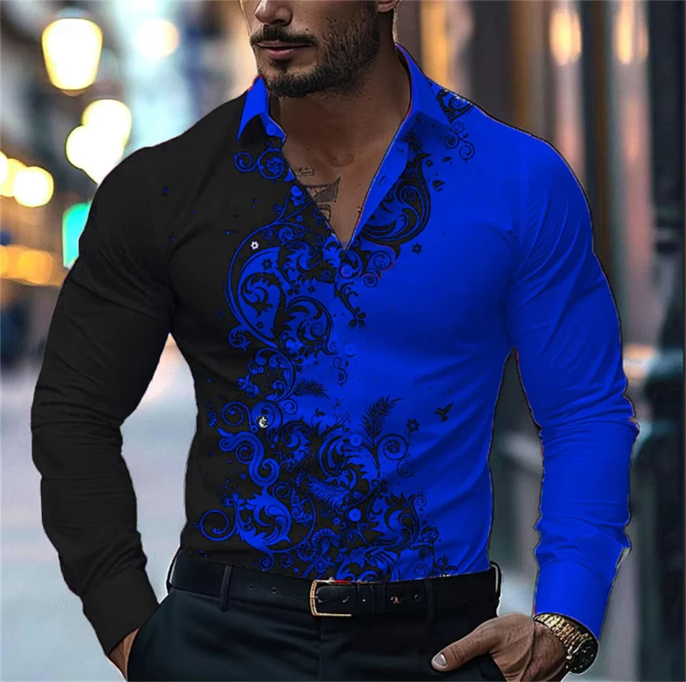 Men Stylish Red Floral Print Dress Shirt - Casual Long Sleeve Button-Up Design.