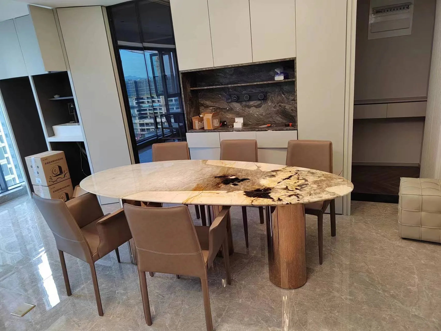 Italian Luxury Stainless Steel Dining Table,  Stone Tabletop, Easy-Clean