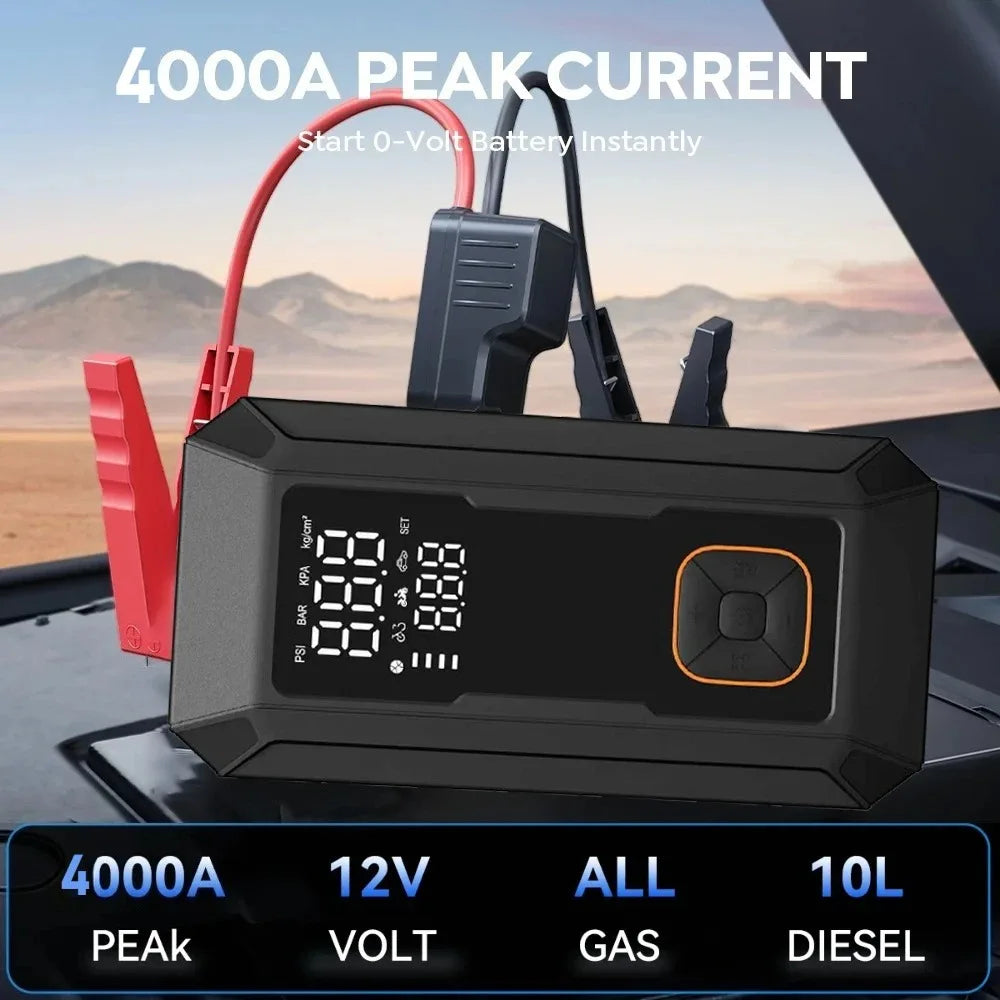 Car Jump Starter with Air Pump 4000A Auto Battery Booster &150PSI Tire Inflator.