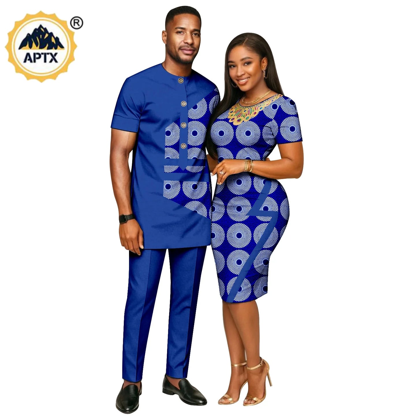 African Print Slim Hip Knee-length Dresses for Women, Matching Couple Outfits Dashiki Men Patchwork Top and Pant Sets 26C019.