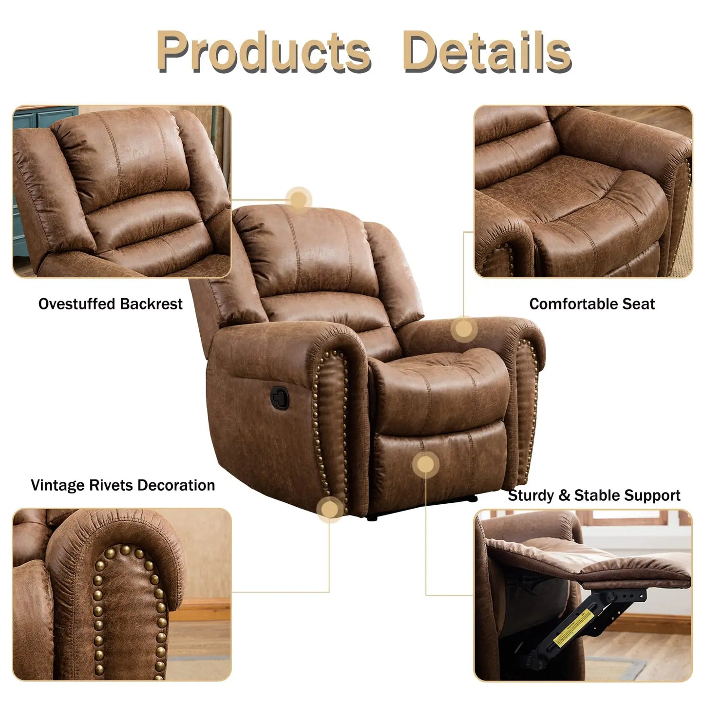 Leather Manual  Recliner Chair with Comfortable Arms and Back