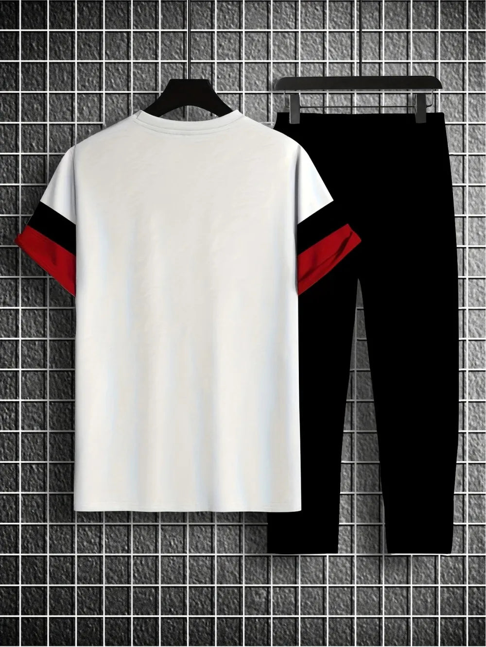 Men's summer new striped letter print round neck T-shirt pants set.