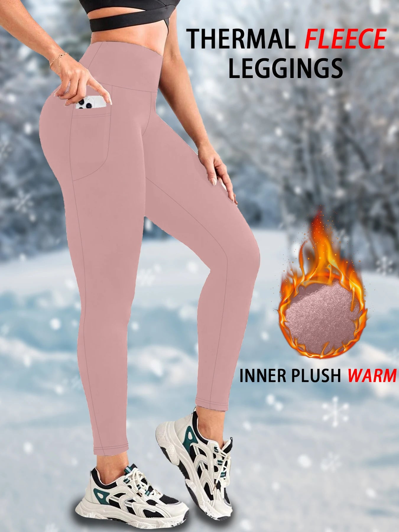 Women Thermal Fleece Lined, High Waisted with pockets, Thick Tights Running Pants.