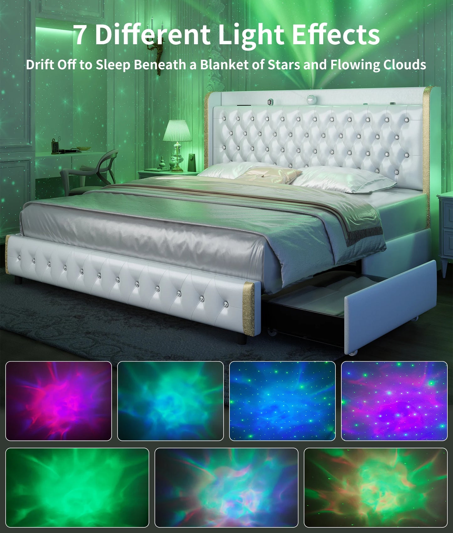 Queen LED Bed Frame with Galaxy Projector, Bluetooth Speaker, USB Ports, 4 Drawers, No Box Spring Needed.