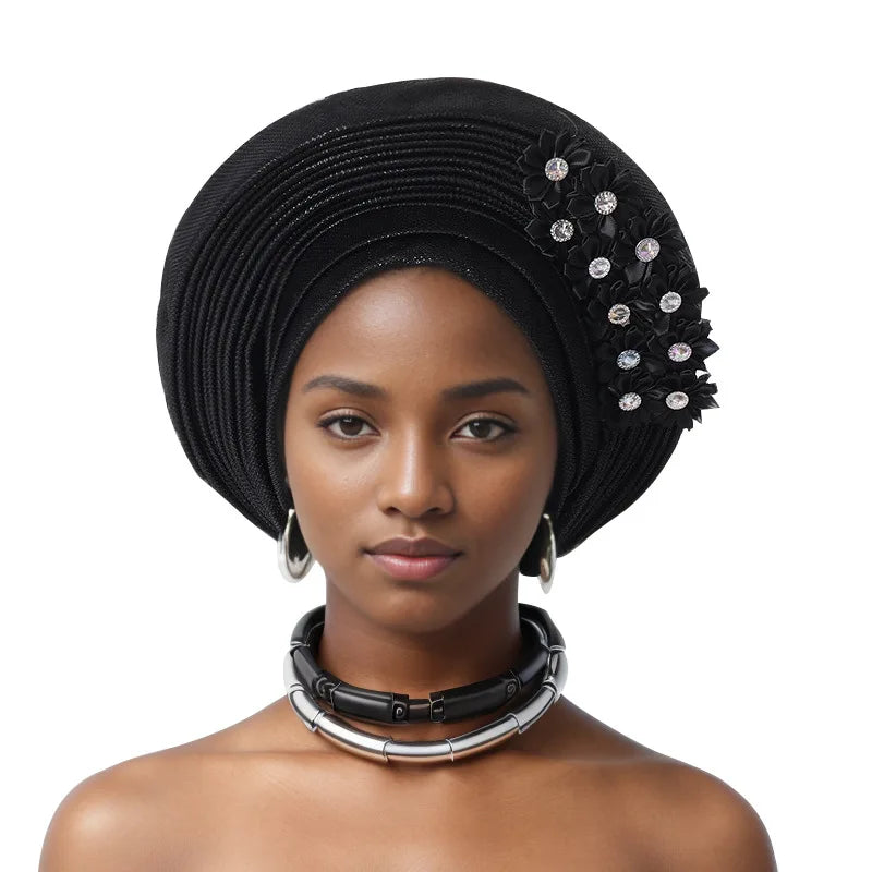 Red Multi-Layered, Turban Hat African Fan Shaped Head Wraps ,Pleated Headwear With Crystal.