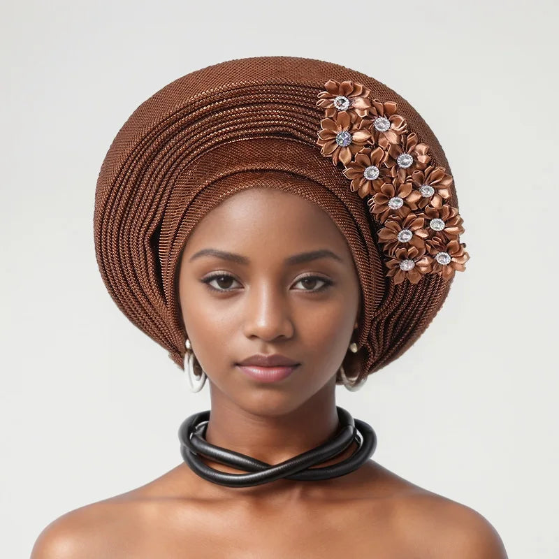 Red Multi-Layered, Turban Hat African Fan Shaped Head Wraps ,Pleated Headwear With Crystal.