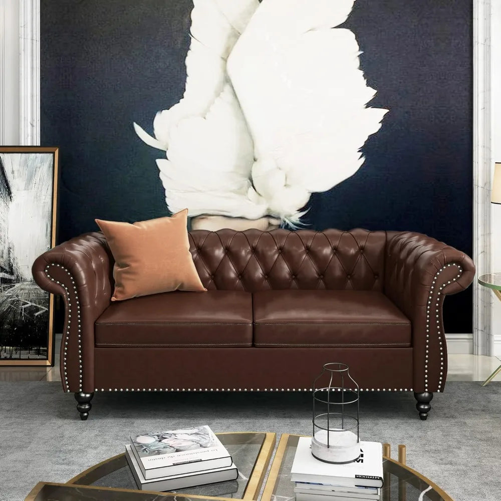 2pc Modern Tufted Faux Leather Living Room Sofa Set With Button & Nailhead Trim Scroll Arms, Grey, Customized