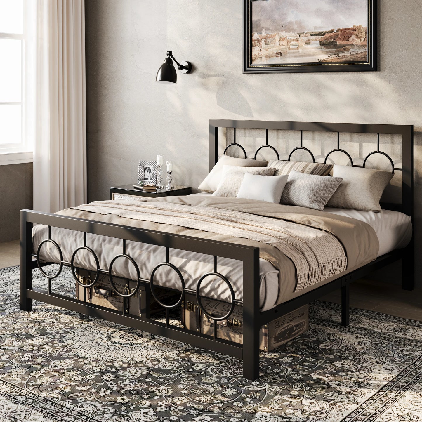 Metal Platform Bed Frame with Vintage  Design Headboard and FootboardUnder-Bed Storage