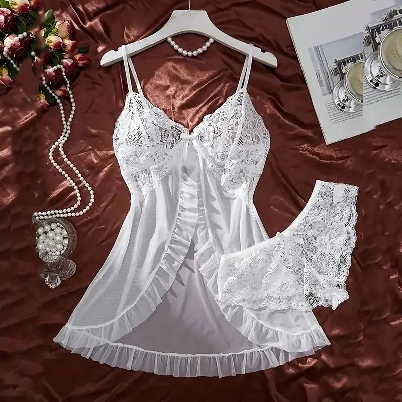 White Sexy Contrast Lace and Mesh, Ruffle Baby doll Nightgown V-neck, Open Bra, Nighties.
