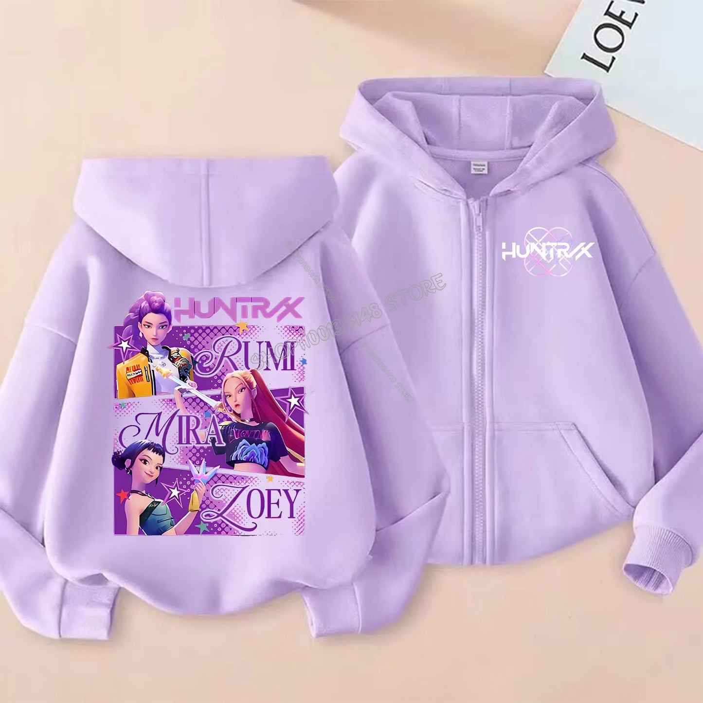 Demon Hunters Zipper Hoodie Cartoon Girls Coat, Fashion Thin Clothes Purple Hoodie Jacket Kids Sweatshirt.