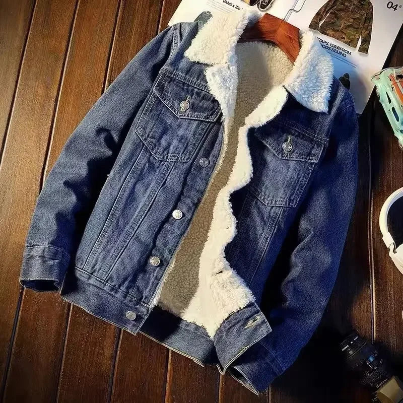 Winter Fleece-lined Thickened Denim Jacket  Loose Fit.