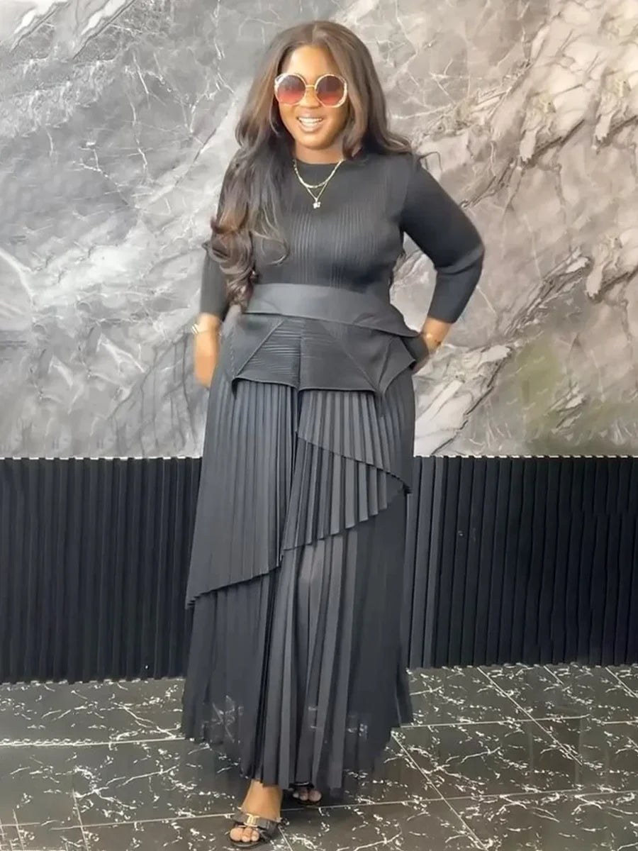 Pleated 2 Piece Set, Women Belt Gathered Waist Tops and Folds A-line Long Skirt Party Set.