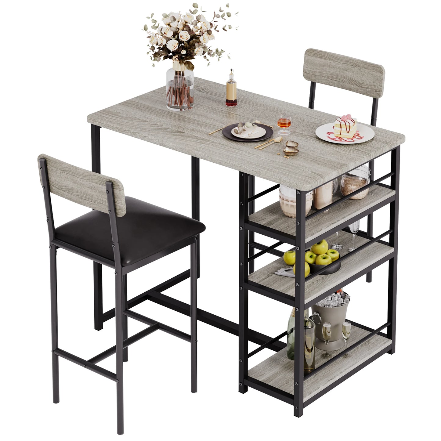 Dining Table Set with 3-Tier Shelves, Bar Kitchen Table Set with 2 Padded Chairs.