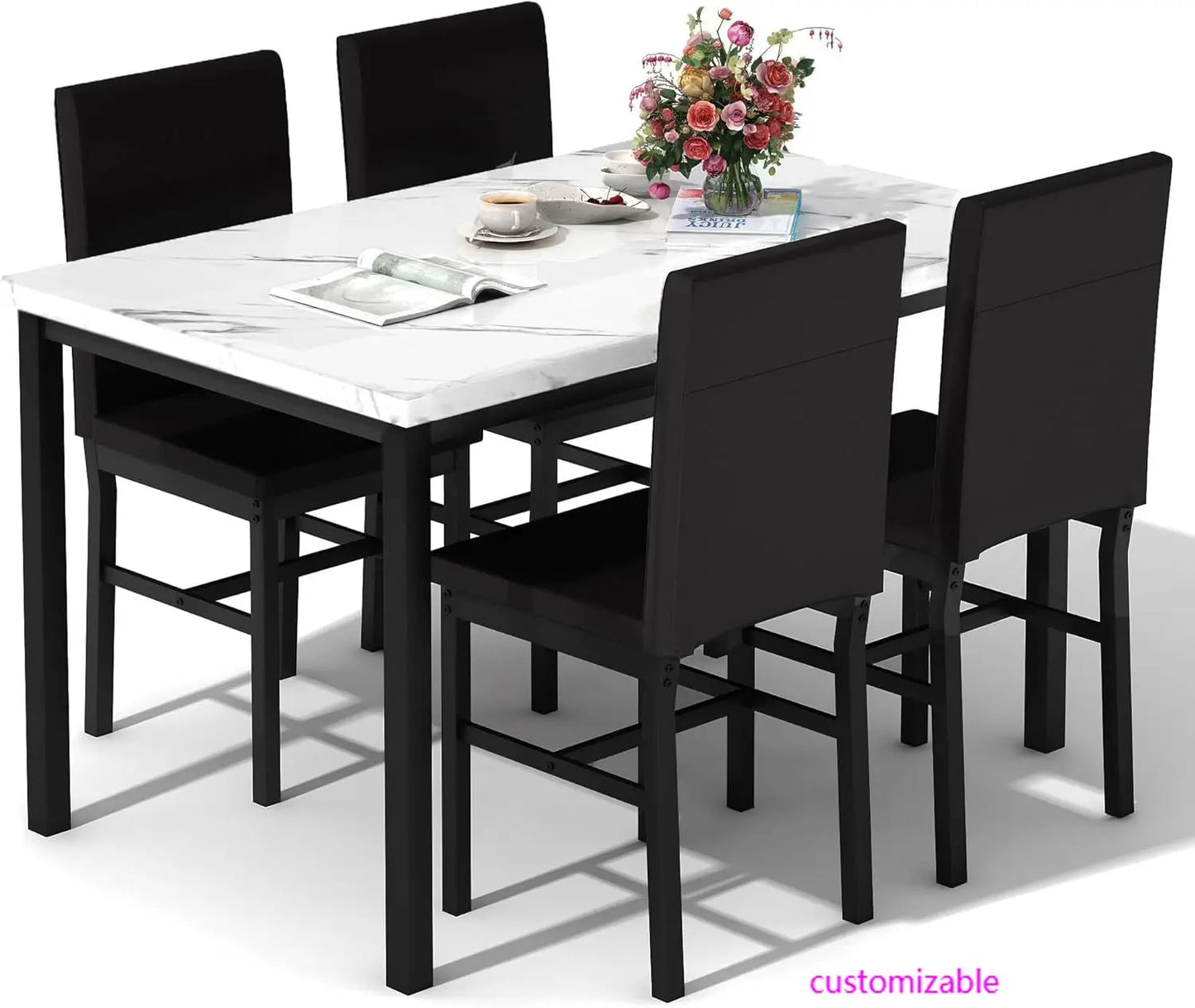 Dining Table Set for 4, Modern Kitchen & Dining Room Sets, Faux Marble Table with 4 Leather Chairs.