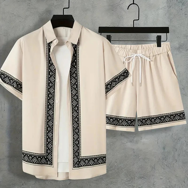 New Men Summer Holiday Suit Textured Printed Shirt Short Sleeve, Two Piece Men Breathable Pool Suit.