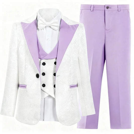 Kids White And Purple Contrast Formal Suit Set, Four Piece Design Elegant Wear For Boys.