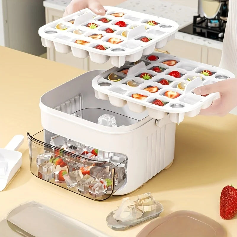 Compact Double Layer Ice Cube Tray with Lid and Bin, Pull-Out Ice Drawer with Portable Handle.