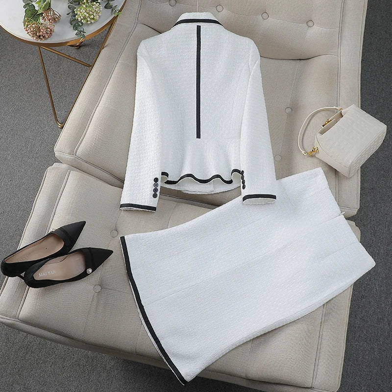 Black White Office Lady French Two Piece Suit ,Women, High Waist Midi Skirts, short blazer.