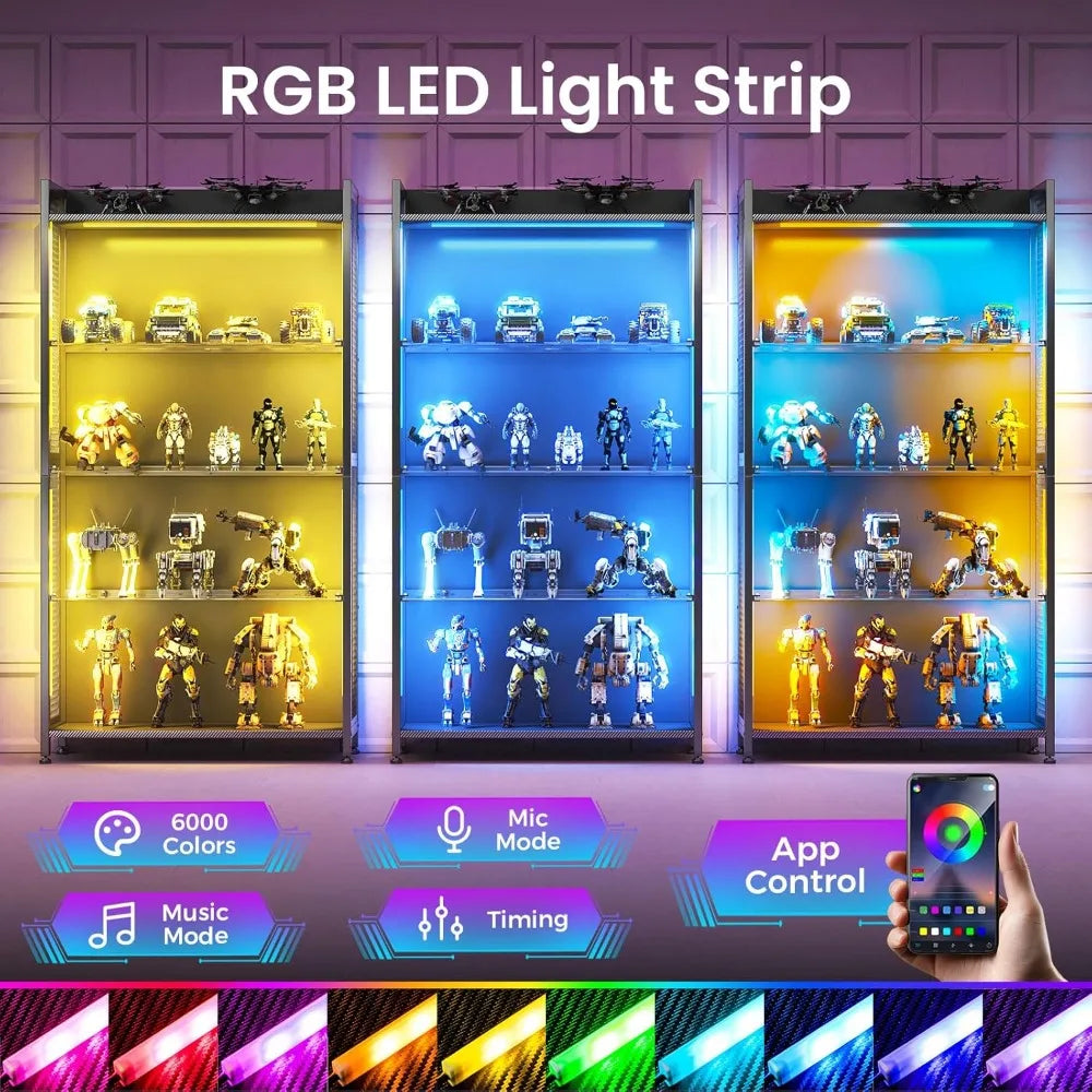 LED Display Cabinet with Glass Shelves, 5-Tier RGB Lighting Curio Case for Collectibles Storage.