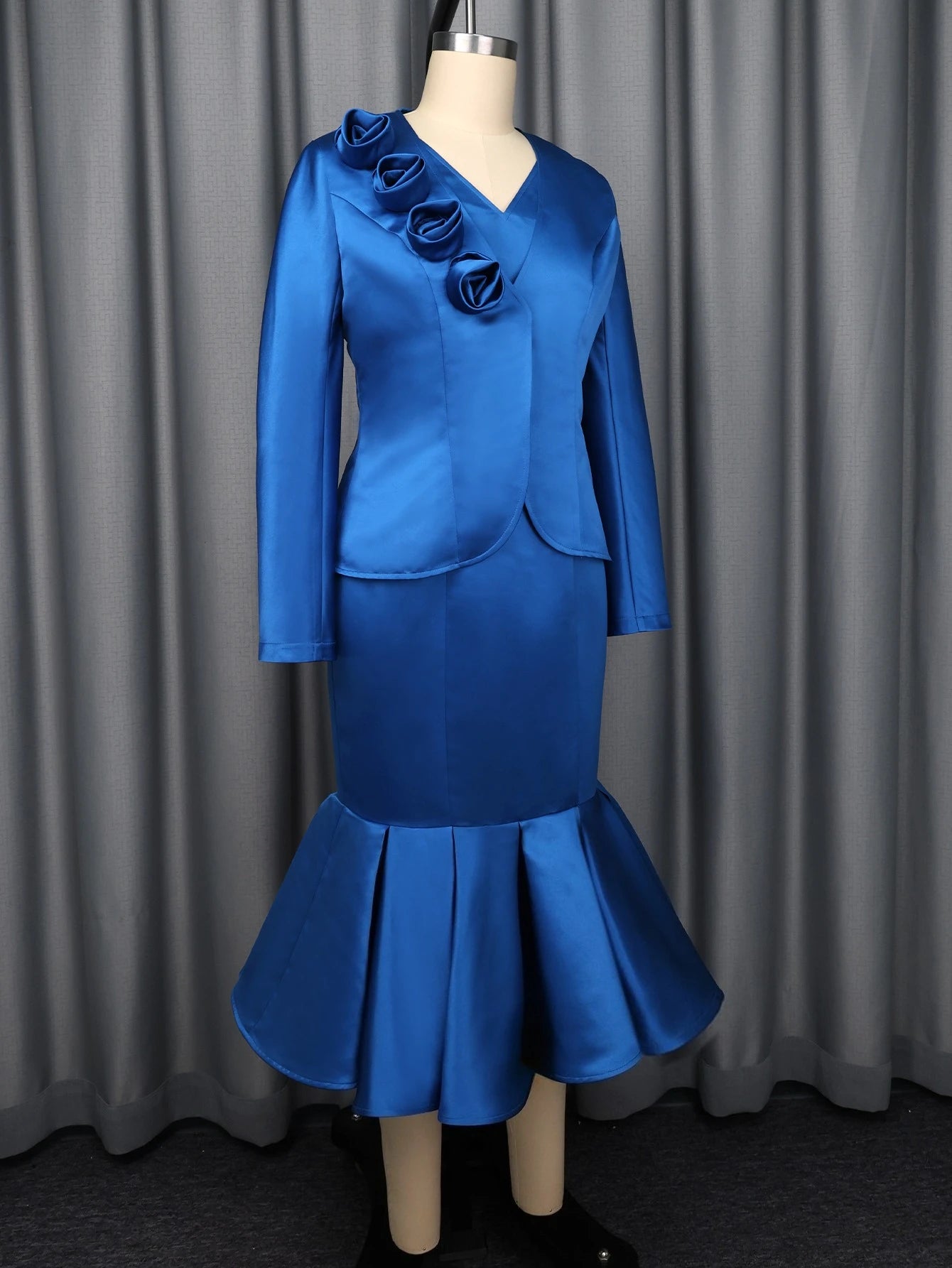 Women Shiny Two Pieces Set Office Ladies Blazer Coats 3D Flowers Inner Tank Dresses Mermaid Work Wear Autumn Fashion Business