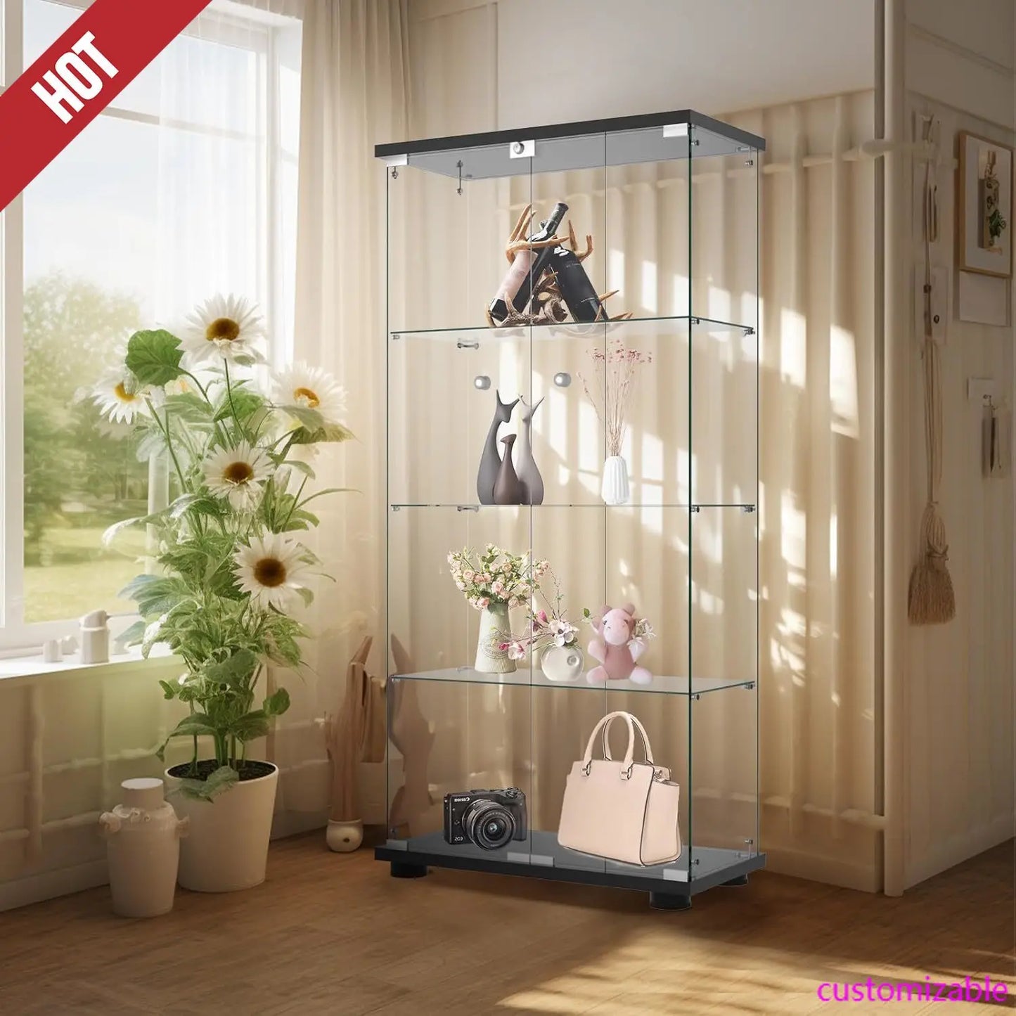 NEW Display Cabinet with Glass Door and Lock, 4-Shelf Fast Installation in 30 Mins Curio Cabinets, Living Room.