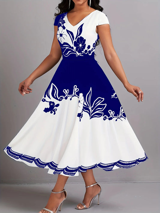 Plus Size Peplum Floral Print Dress - Elegant V-Neck, Short Sleeves, Scalloped Hem, Zipper Closure,