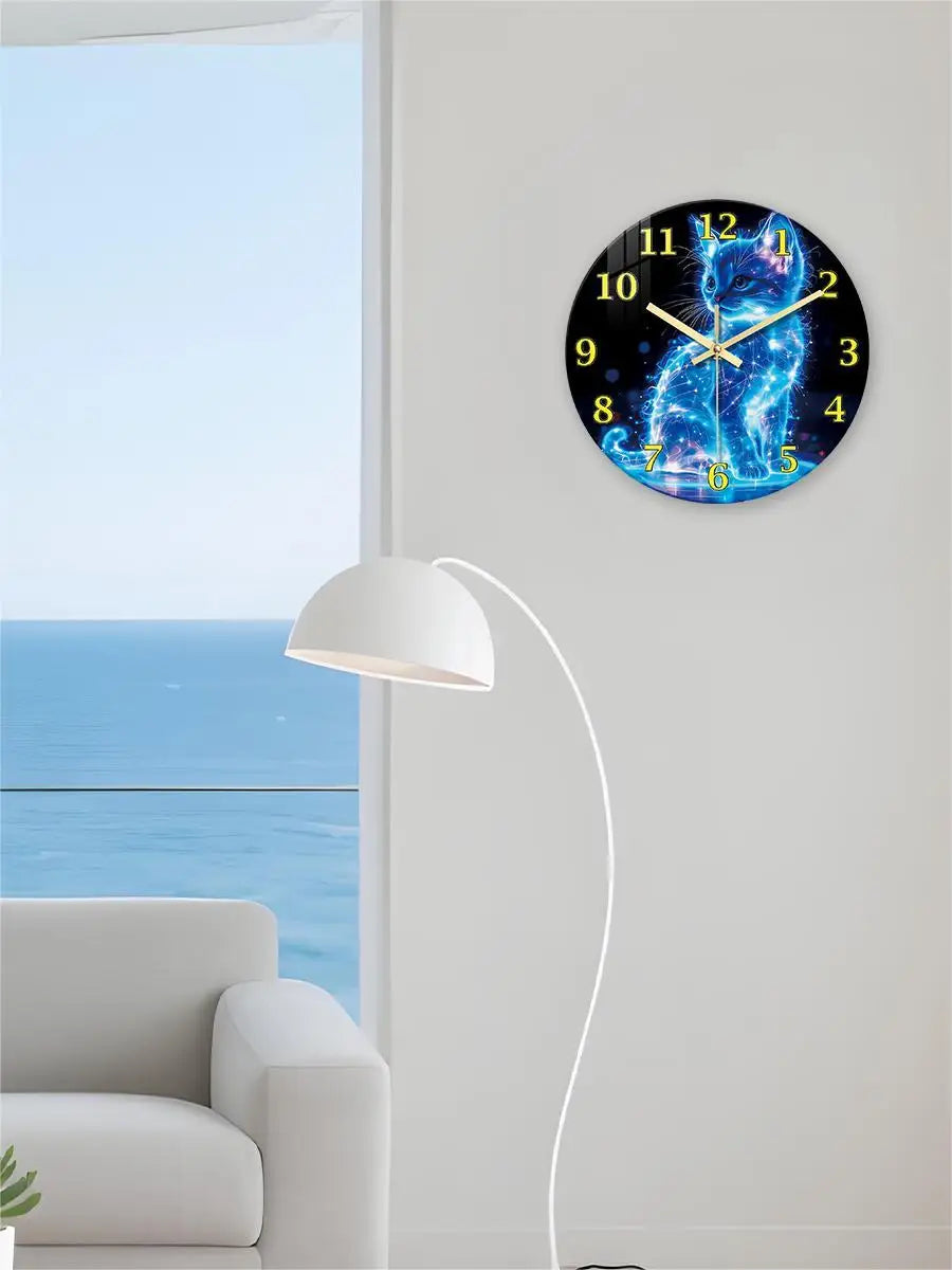 A Unique Neon Cat Tempered Glass Wall Clock, 12-24inch Round Cat-Themed Silent Clocks Powered by Batteries.(Battery not included)