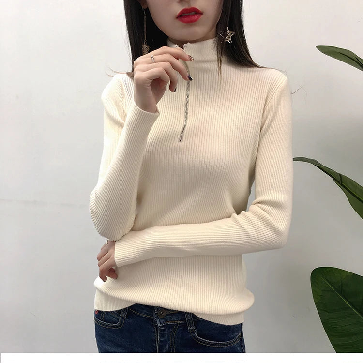 Knitted Women Zipper Half High Neck Sweater Solid Knitwear.