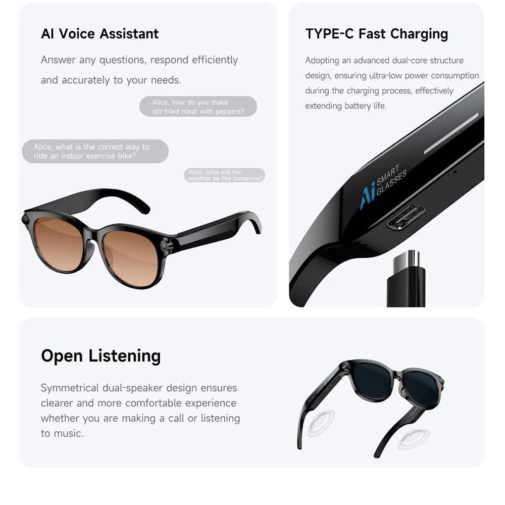 AI Smart Glasses, Real-time Translation, Dual Camera, Bluetooth Call Sunglasses, Shoot Audio Video Music Player Multifunctional.