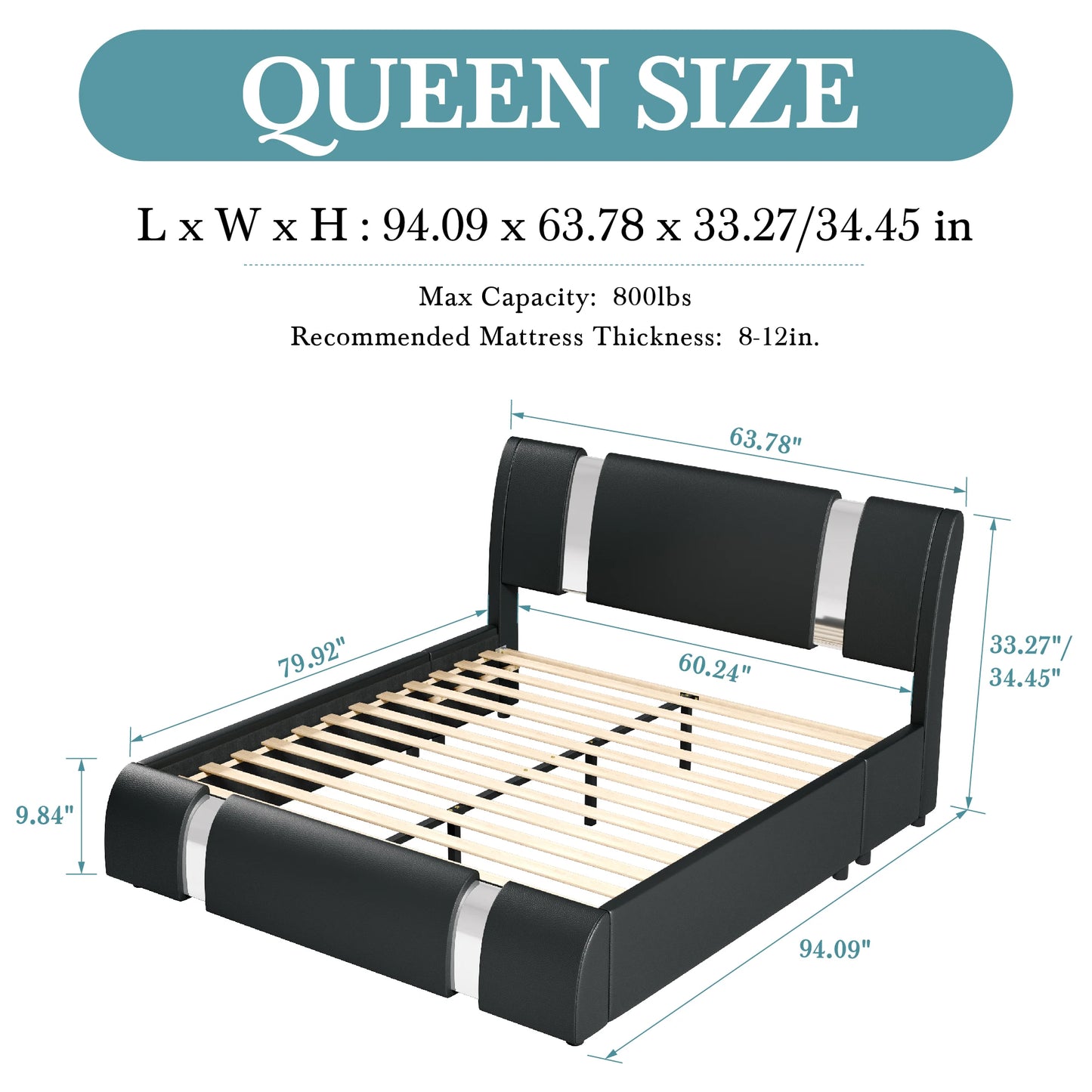 Modern Faux Leather Bed Frame with Iron Pieces Decor, Low Profile Platform Bed with Height-Adjustable Headboard.