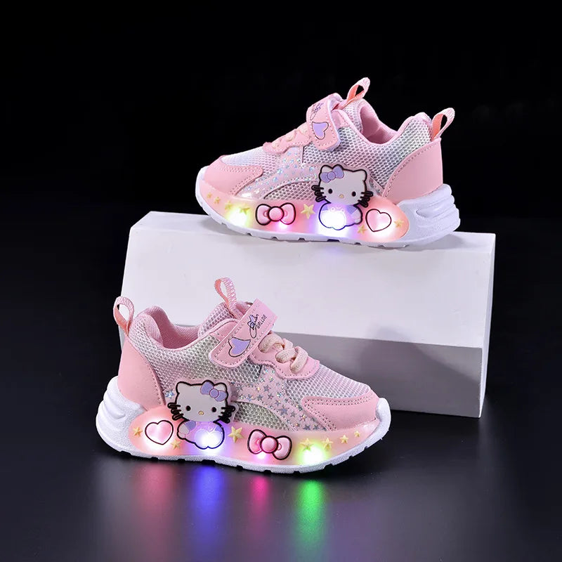 Hello Kitty Led Casual Sneakers for Summer ,Girls Print Lighted Non-Slip, Cute Outdoors Sport Shoes.