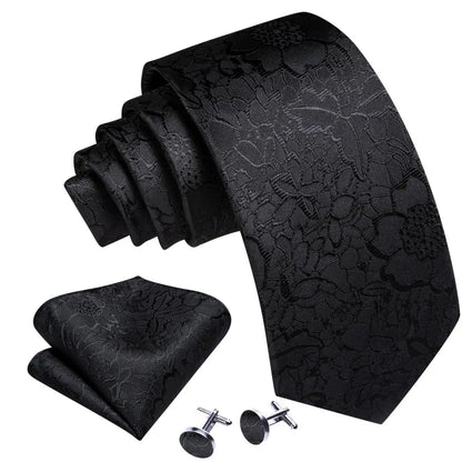 Black White Gray Silver Men Tie Handkerchief Cufflinks Set.