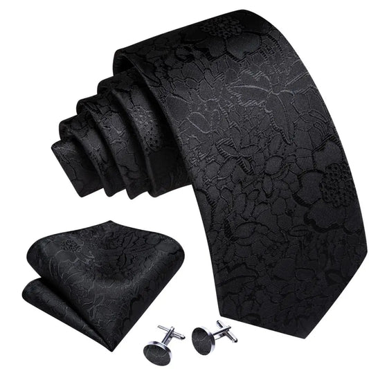 Black White Gray Silver Men Tie Handkerchief Cufflinks Set.