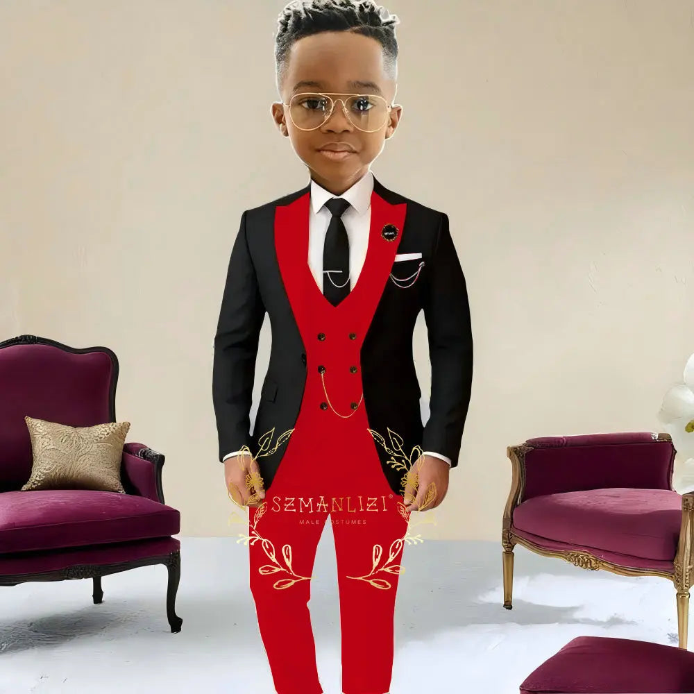 Boys Suit , Tuxedo Black Jacket, Beige Pants ,Vest 3 Pieces Set Kids 2-16 Years Old.